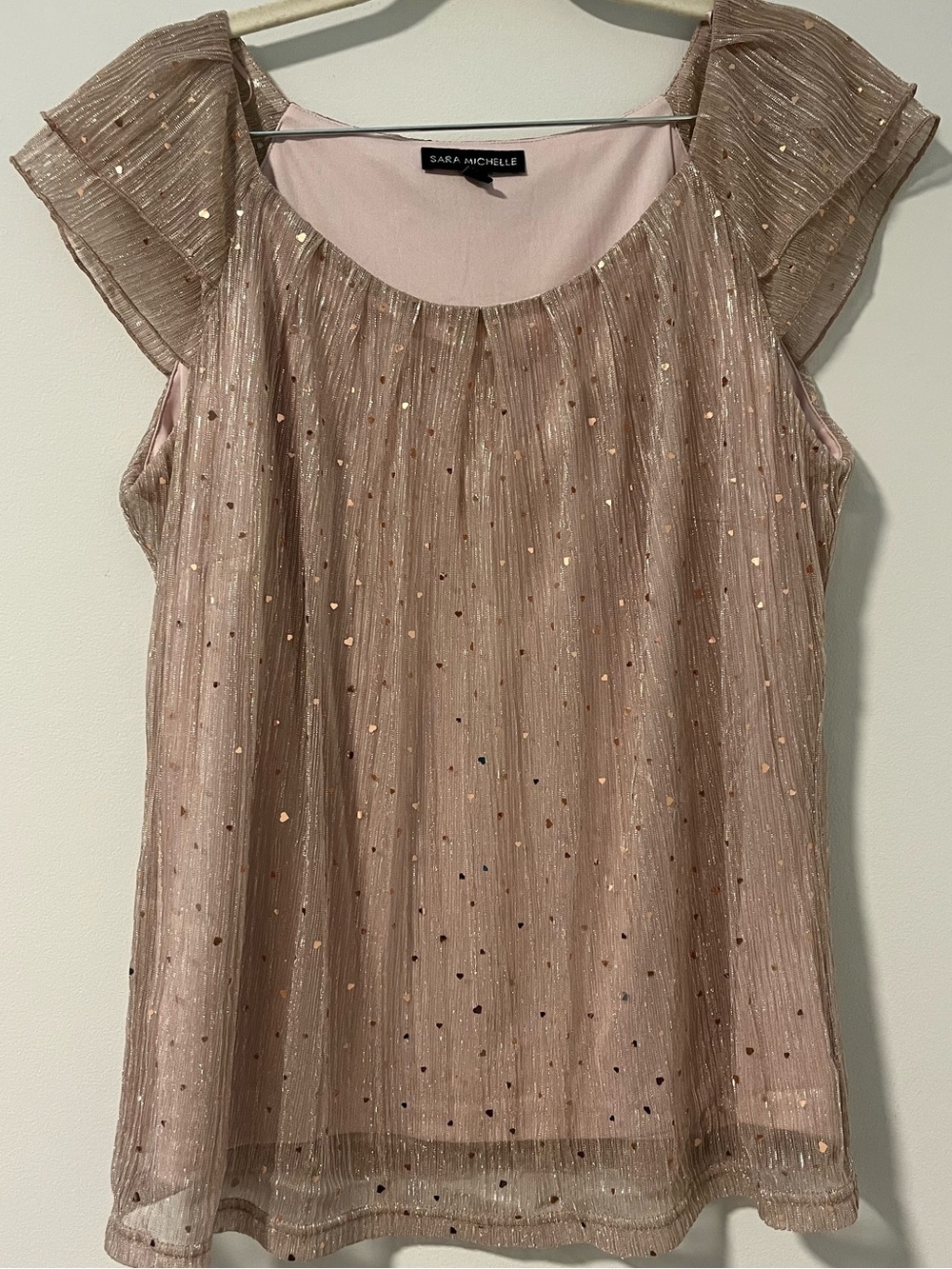 Sara Michelle Rose Gold Metallic Heart Detail Flutter-Sleeve Blouse NWOT